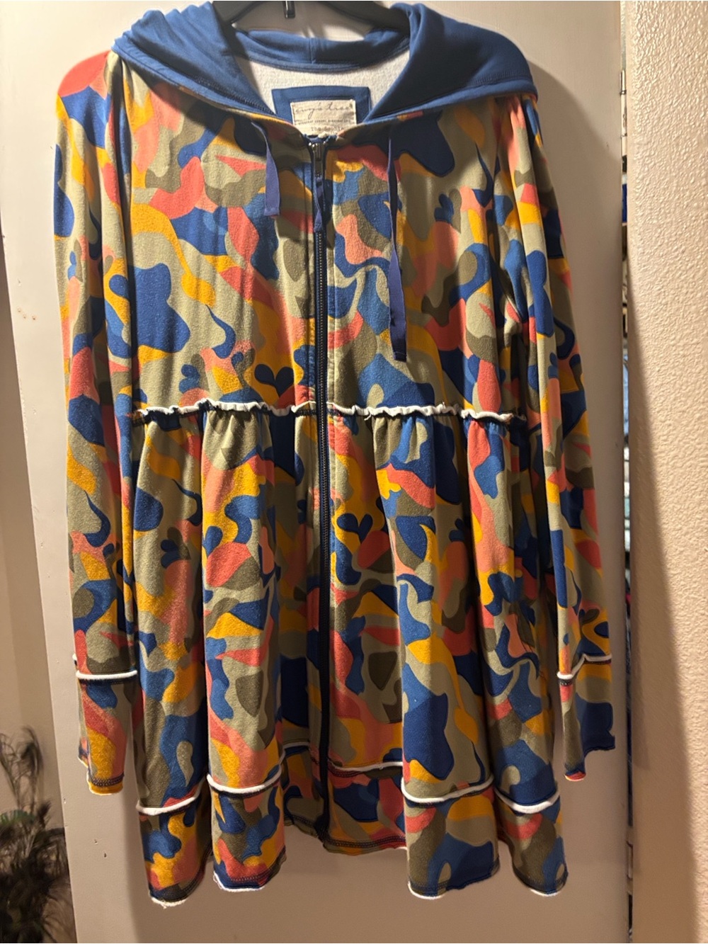 Multicolor Abstract Print Bomber Jacket with Blue Hood